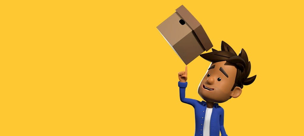 Oscar draagt een verhuisdoos op zijn vinger