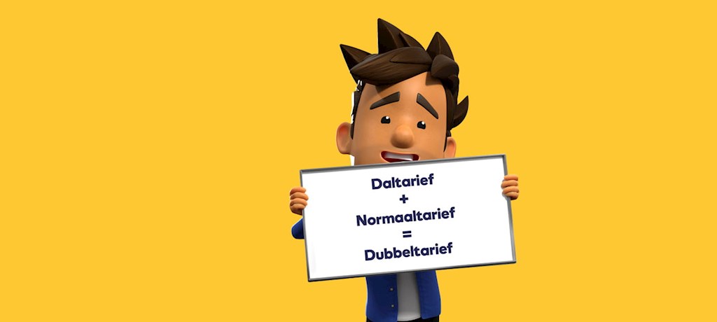 Oscar houd een bord vast met daarop daltarief plus normaaltarief is dubbeltarief